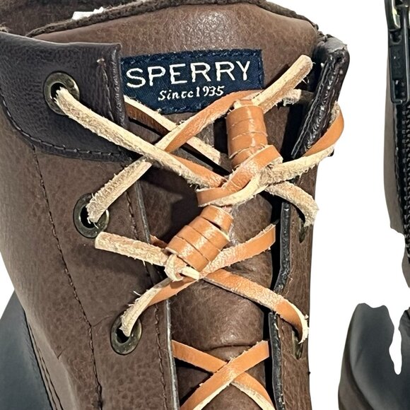 SPERRY Women’s Waterproof Rubber Boot Size 7.5 CHELSEA Rain Bootie Navy Brown - Picture 3 of 10
